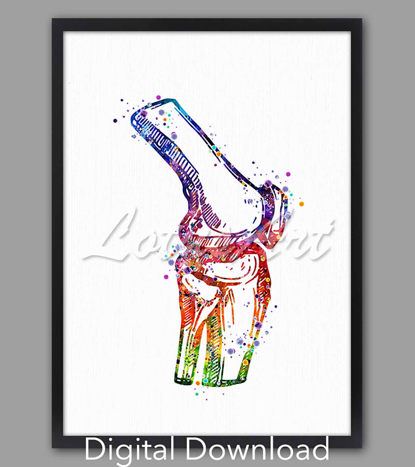 Knee joint watercolor anatomy art in rainbow, orthopedic medical print, digital download for surgery clinic & doctor office