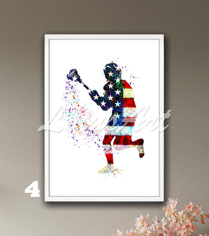 Lacrosse boy watercolor sports art print with American flag design - boys room decor
