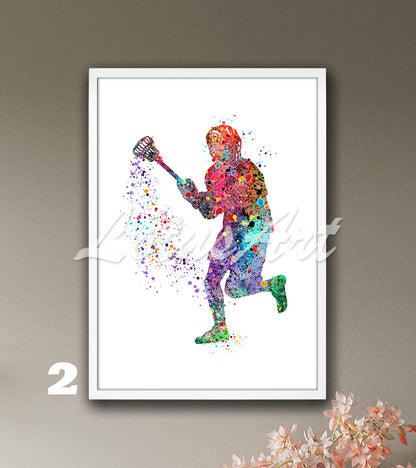 Lacrosse boy watercolor sports wall art print in vibrant colors - boys room poster