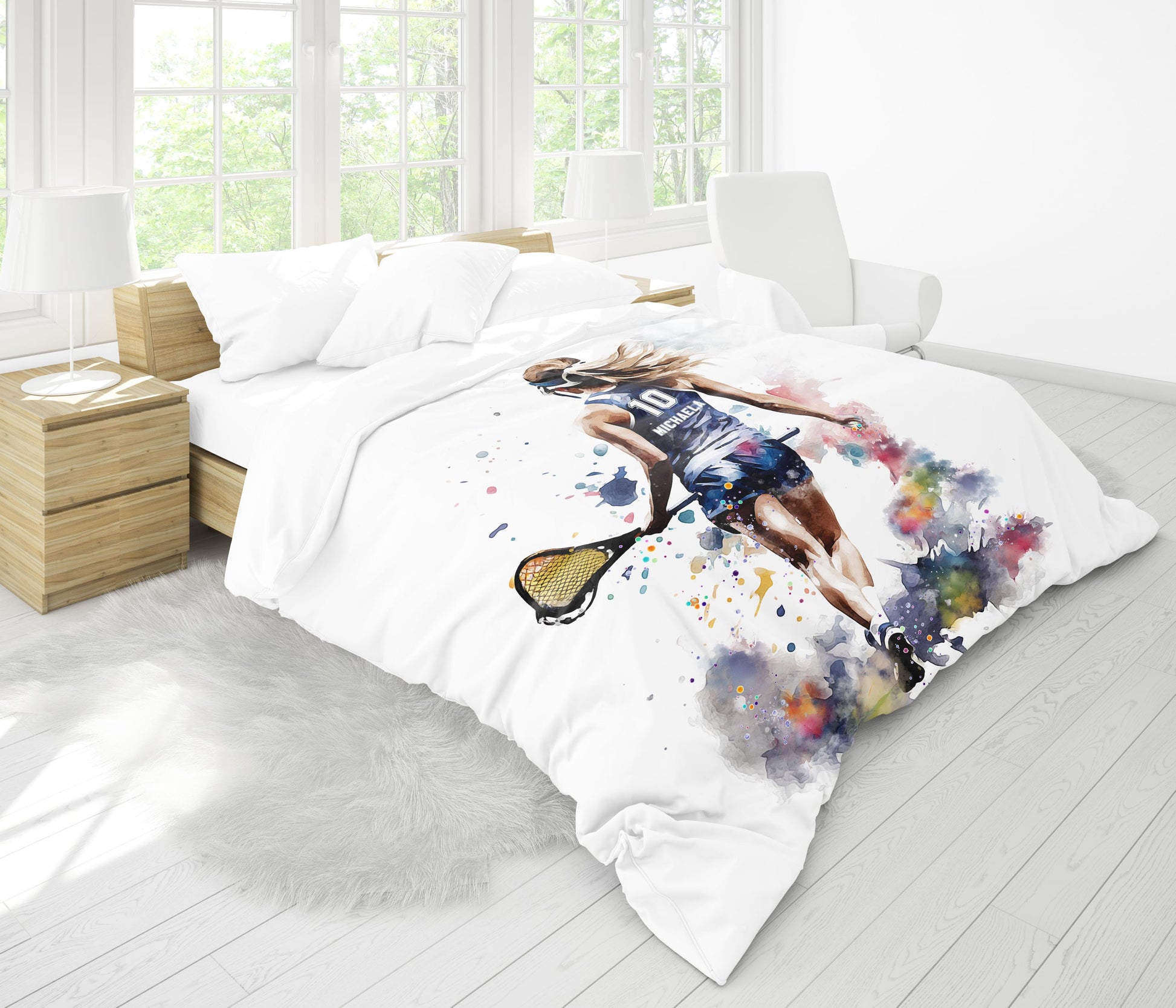 Lacrosse girl comforter personalized bedding - watercolor sports art on bed in bright bedroom