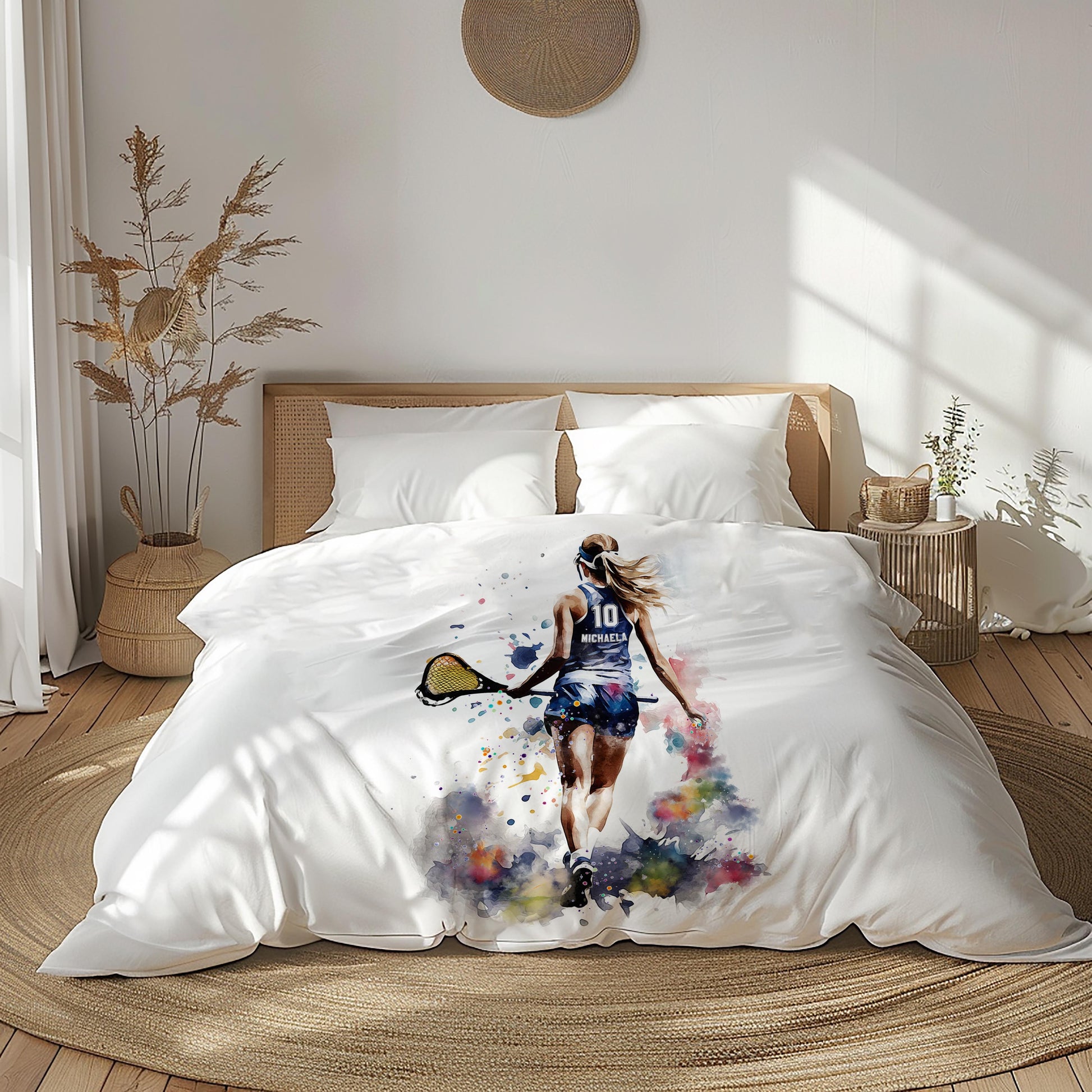 Lacrosse girl comforter personalized sports bedding - watercolor art in dark bedroom setting
