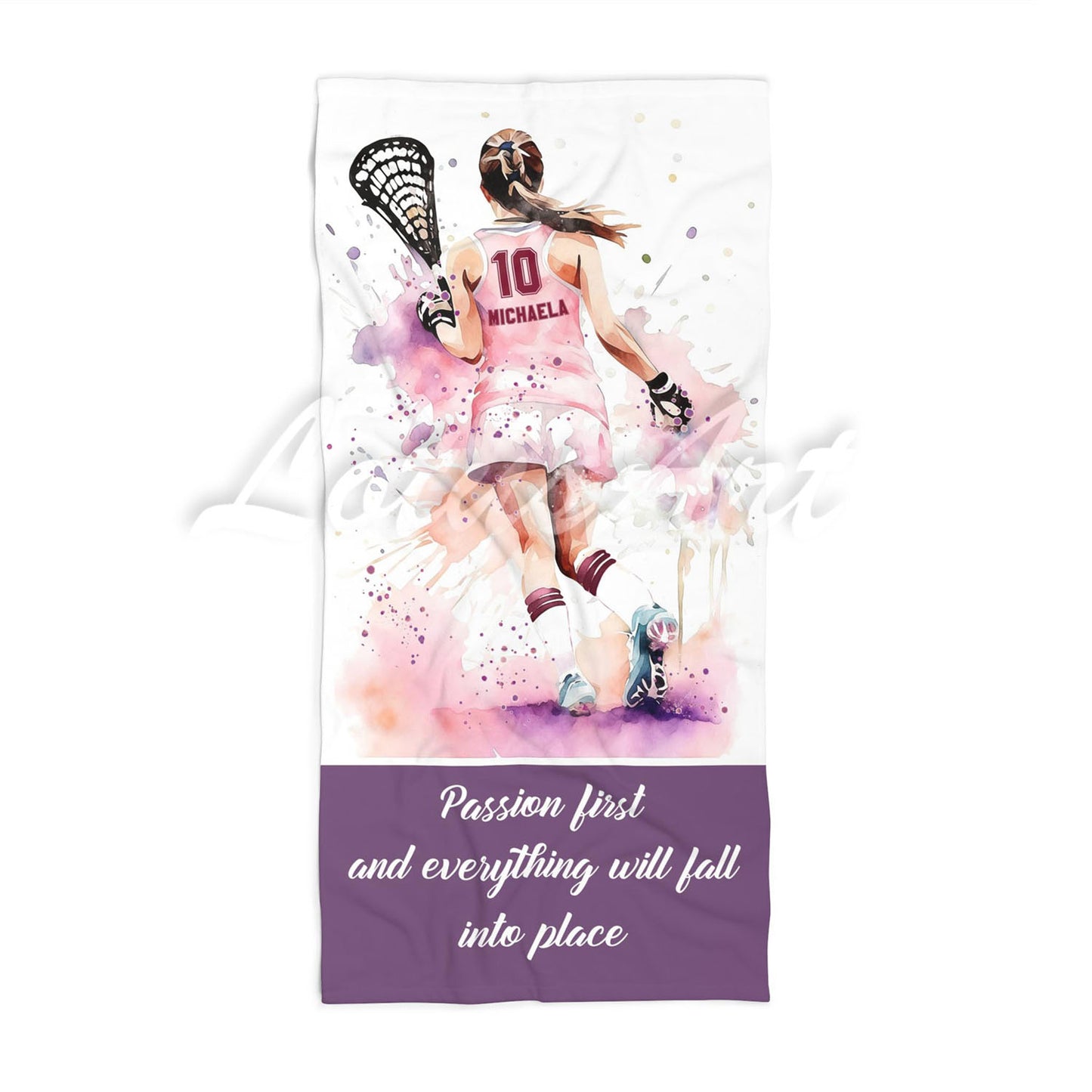 Lacrosse girl personalized beach towel in light pink tones, custom name number quote, watercolor sports gift front view