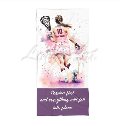 Lacrosse girl personalized beach towel in light pink tones, custom name number quote, watercolor sports gift front view