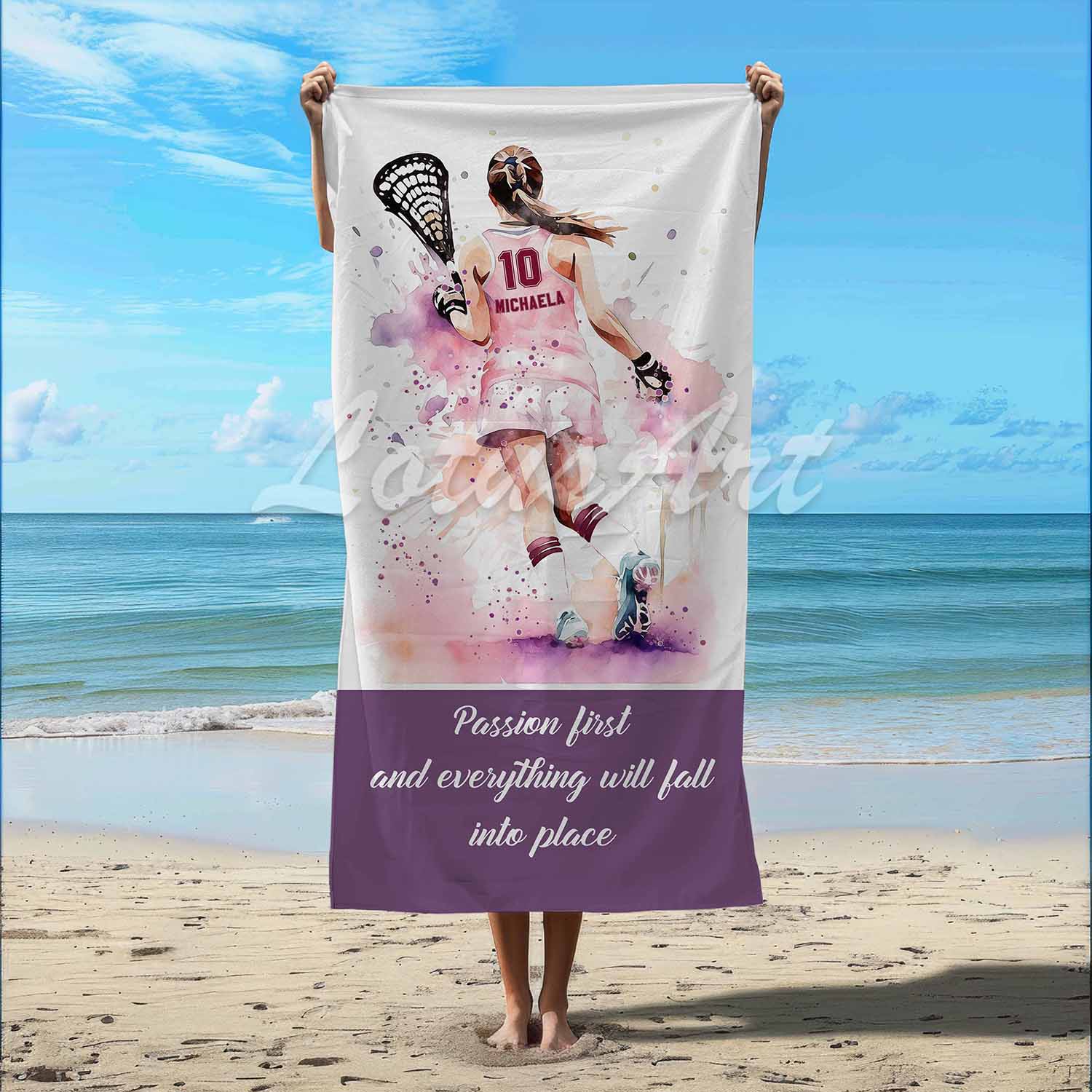 Lacrosse girl personalized beach towel in light pink tones, custom name number quote, watercolor sports gift lifestyle beach