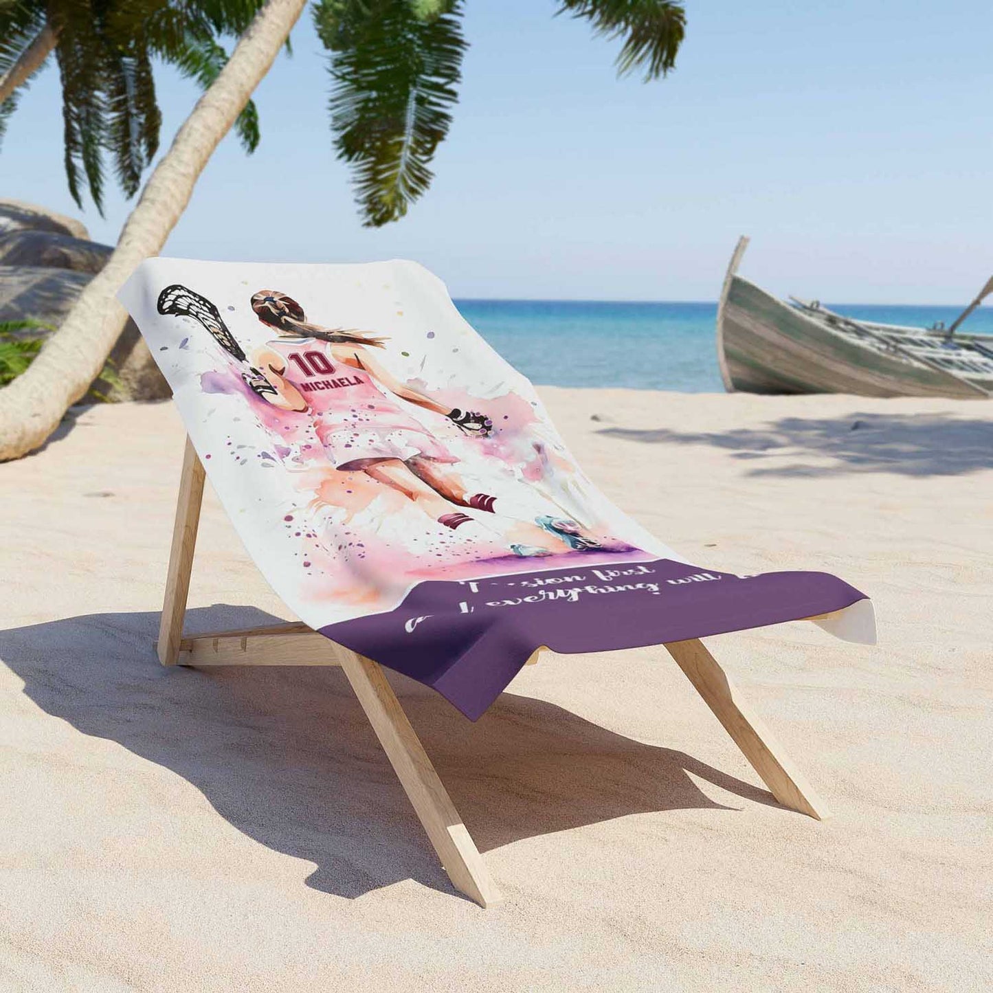 Lacrosse girl personalized beach towel in light pink, custom name number, watercolor sports gift lifestyle lounger