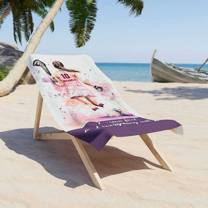 Lacrosse girl personalized beach towel in light pink, custom name number, watercolor sports gift lifestyle lounger