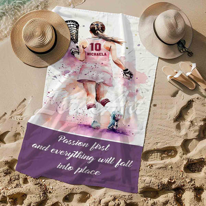Lacrosse girl personalized beach towel custom name number quote, watercolor sports gift lifestyle sand