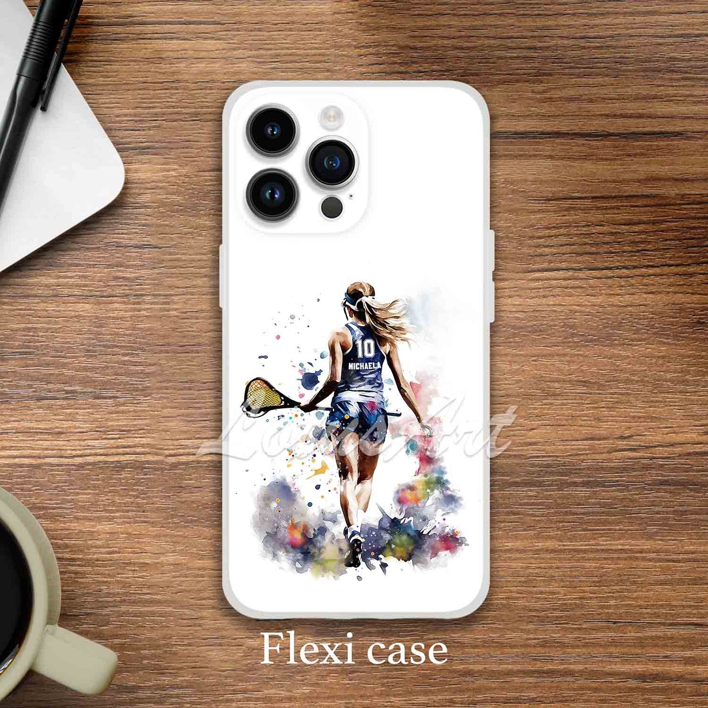 Lacrosse girl personalized sports phone case watercolor art, custom name & jersey number, flexi case lifestyle
