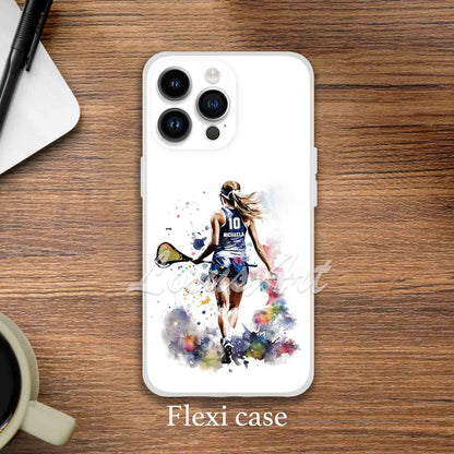 Lacrosse girl personalized sports phone case watercolor art, custom name & jersey number, flexi case lifestyle