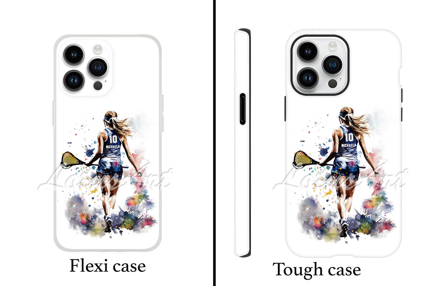 Lacrosse girl personalized sports phone case watercolor art, custom name & jersey number, flexi and tough case front view