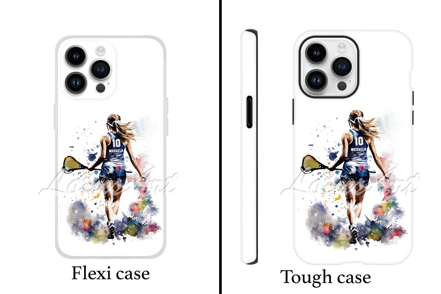 Lacrosse girl personalized sports phone case watercolor art, custom name & jersey number, flexi and tough case front view
