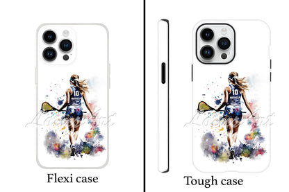 Lacrosse girl personalized sports phone case watercolor art, custom name & jersey number, flexi and tough case front view