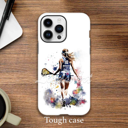 Lacrosse girl personalized sports phone case watercolor art, custom name & jersey number, tough case lifestyle