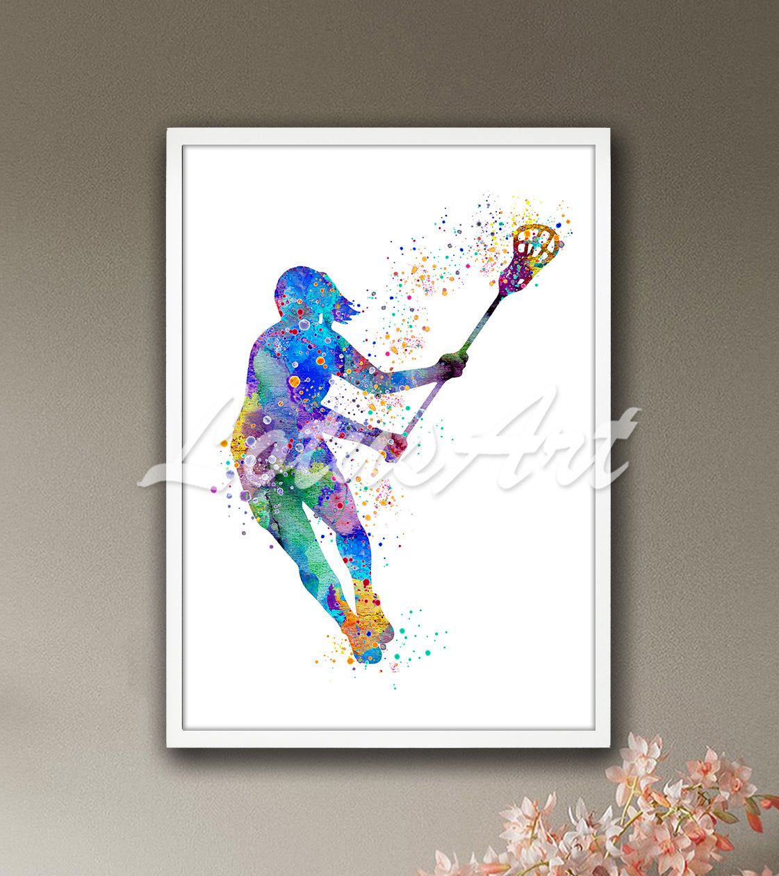 Lacrosse girl player with stick colorful watercolor print - playroom sports decor