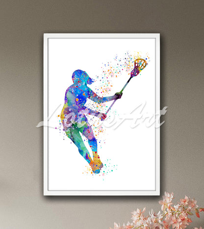 Lacrosse girl player with stick colorful watercolor print - playroom sports decor