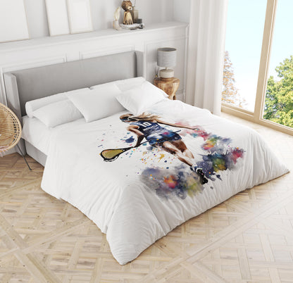 Lacrosse girl watercolor comforter - custom name number bedroom decor with multicolor sports art