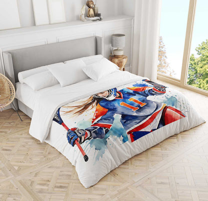 Lacrosse goalie girl comforter with watercolor art close-up, multicolor sports bedding for athlete bedroom decor