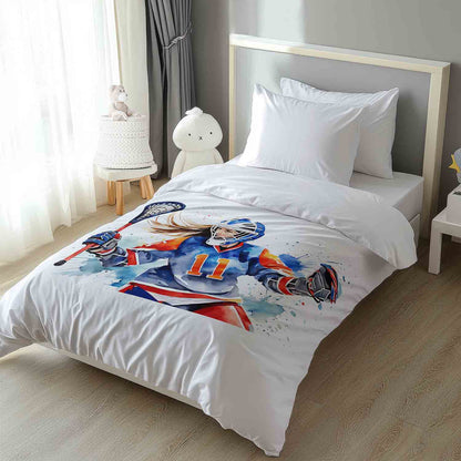 Lacrosse goalie watercolor comforter with girl sports design, colorful athlete bedding for bedroom decor