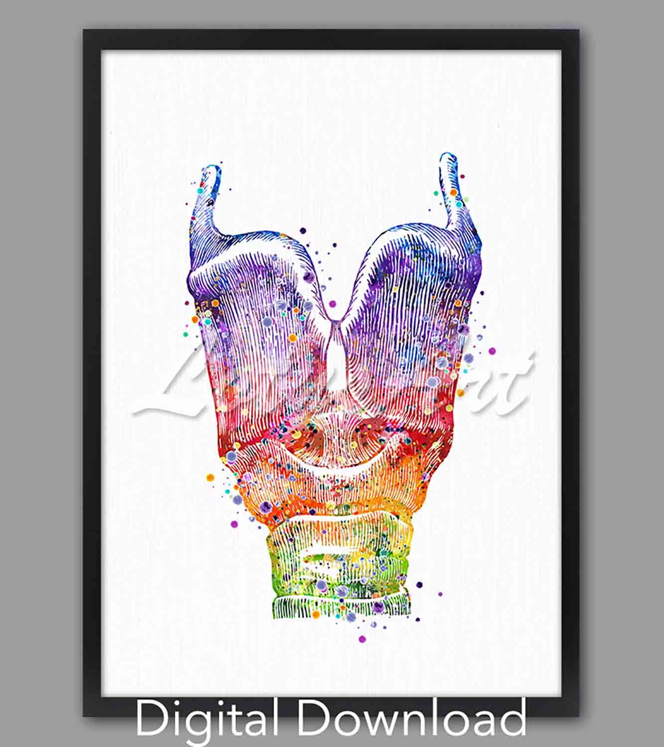 Larynx anatomy instant digital download, science watercolor artwork, ENT clinic & audiologist medical decor in rainbow tones