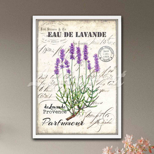 Lavender vintage style botanical art poster in white frame, rustic herb wall decor, cottage kitchen decor
