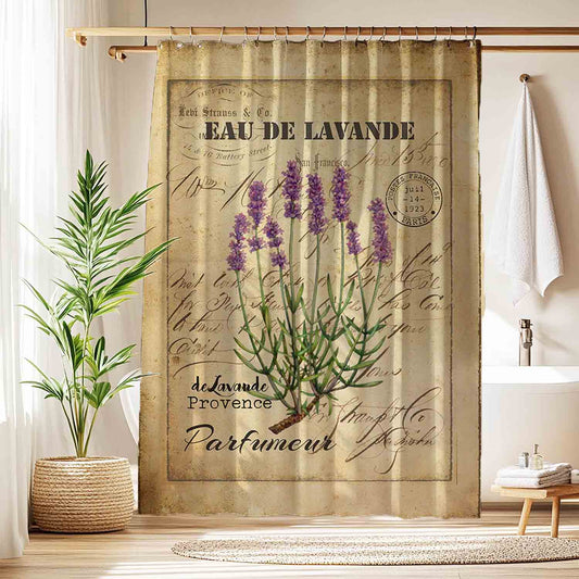 Lavender vintage style shower curtain with rustic French farmhouse botanical purple art print for cottagecore bath decor
