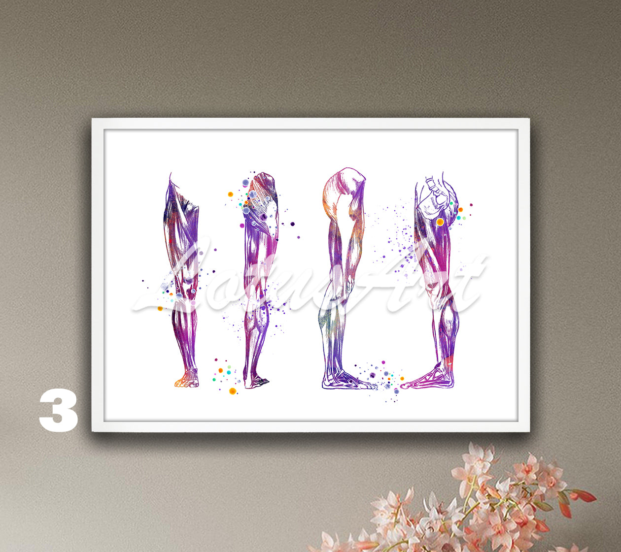 Purple anatomy art print of human leg muscles, medical watercolor wall decor for clinics.
