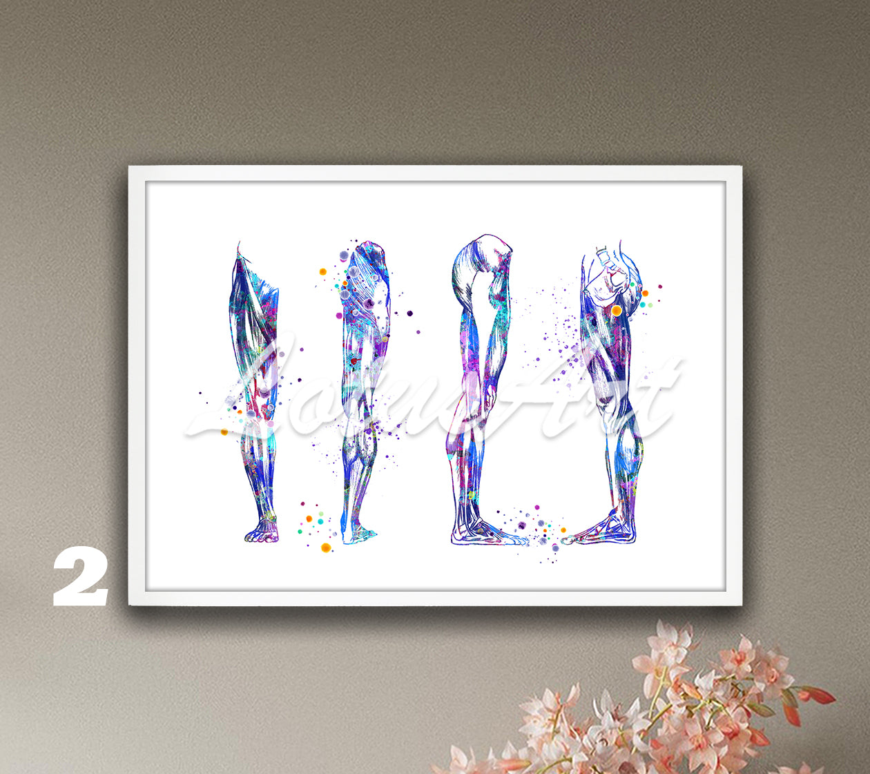 Blue-purple anatomy art print of human leg muscles, watercolor medical wall decor for doctors offices.