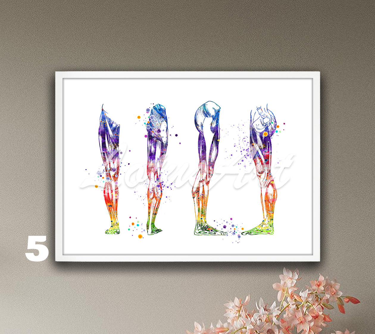 Rainbow anatomy art print of human leg muscles, doctor office gift, medical watercolor wall decor.