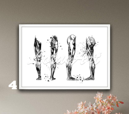 Black white anatomy art print of human leg muscles, medical watercolor wall decor, doctor gift.