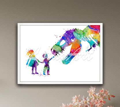 Dinosaur T-Rex & Kids Watercolor Print – Nursery Decor & Kids Room Wall Art