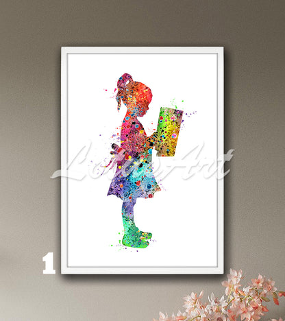 Girl Reading Book Watercolor Print | Nursery Wall Art | Reading Decor
