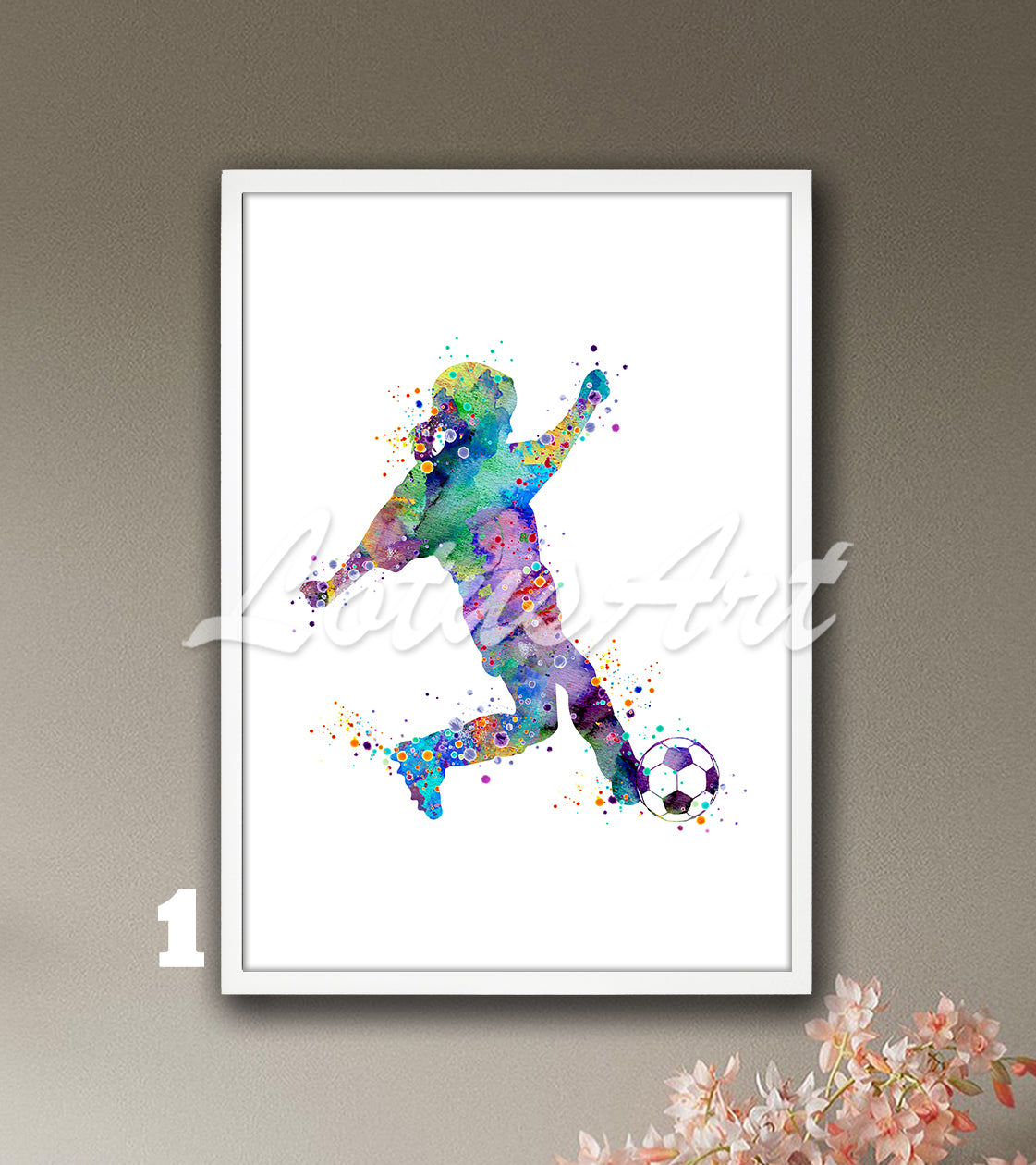 Sports art print depicting a little girl soccer player – multicolor watercolor painting.