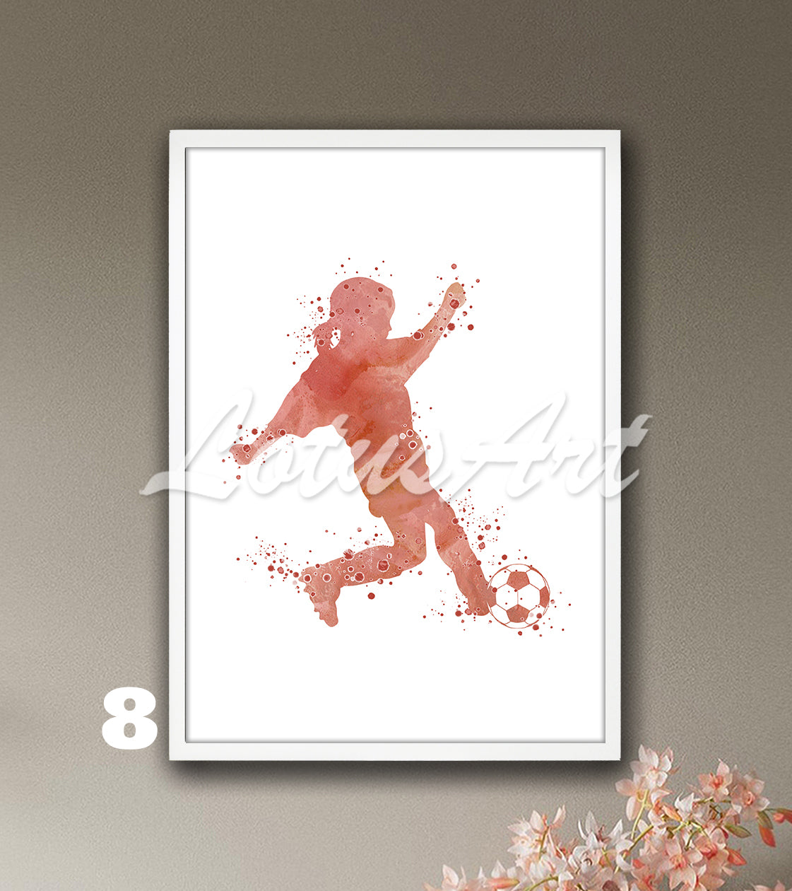 Sports art print depicting a little girl soccer player – watercolor painting in rose-gold.