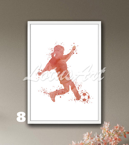 Sports art print depicting a little girl soccer player – watercolor painting in rose-gold.