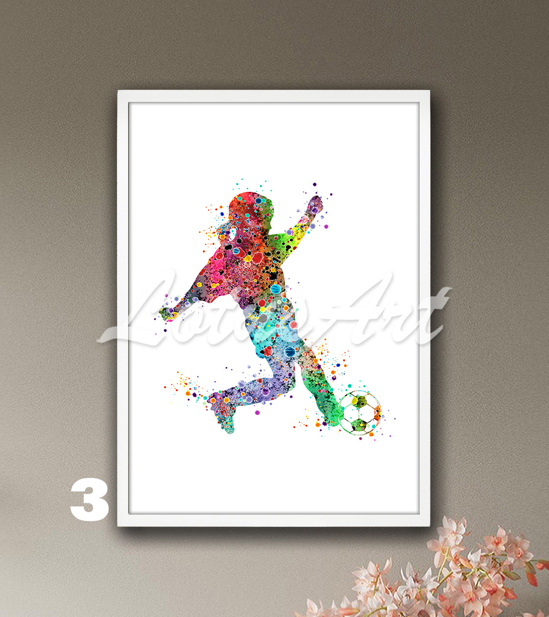 Sports art print depicting a little girl soccer player – watercolor painting in rainbow colors.