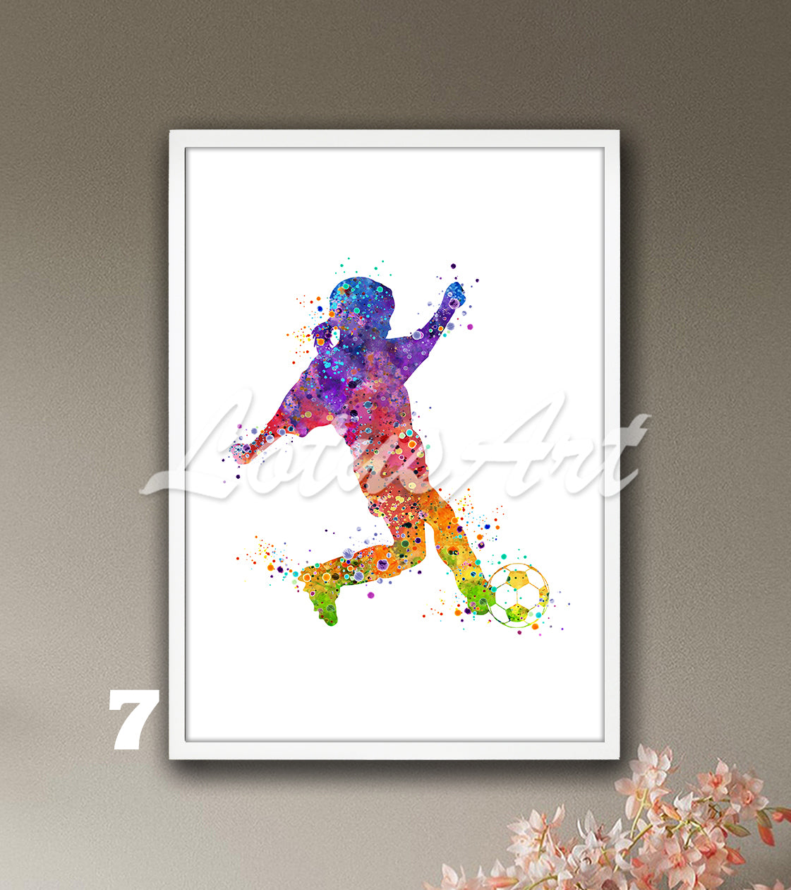 Sports art print depicting a little girl soccer player – watercolor painting in rainbow colors.