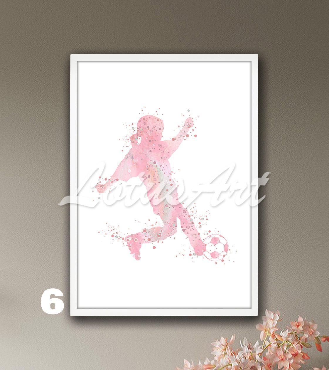 Sports art print depicting a little girl soccer player – watercolor painting in light pink.