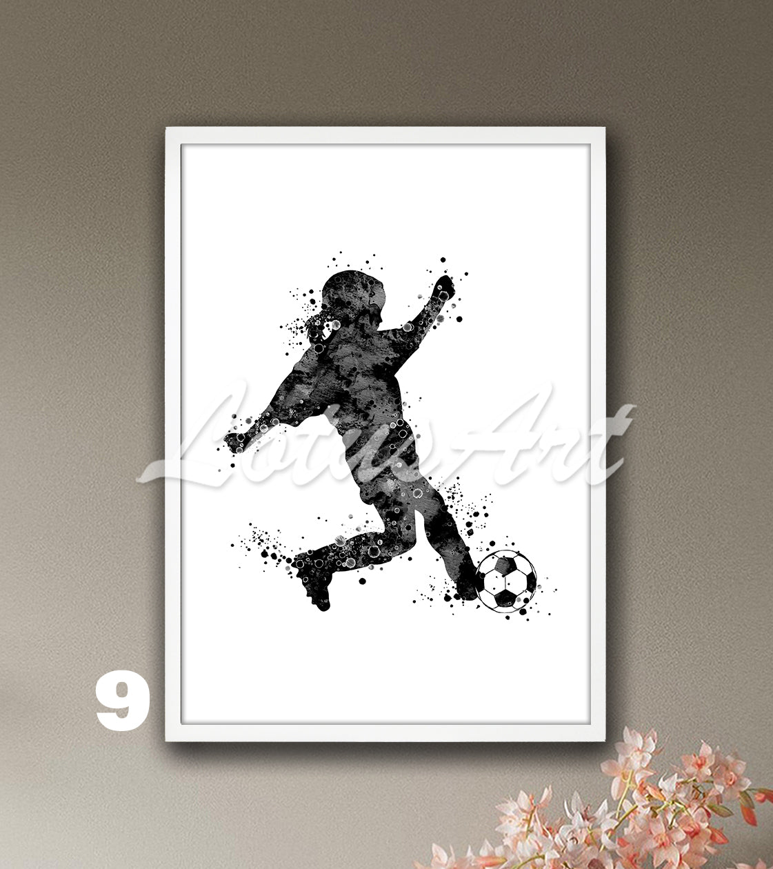 Sports art print depicting a little girl soccer player – watercolor painting in black-white.
