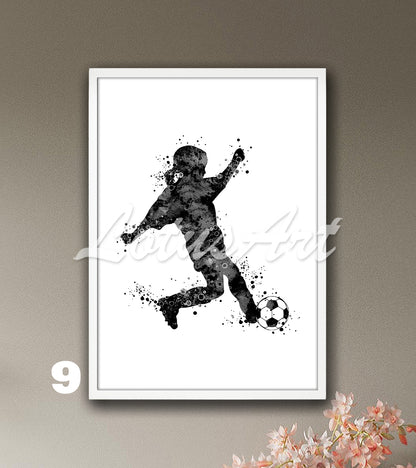 Sports art print depicting a little girl soccer player – watercolor painting in black-white.