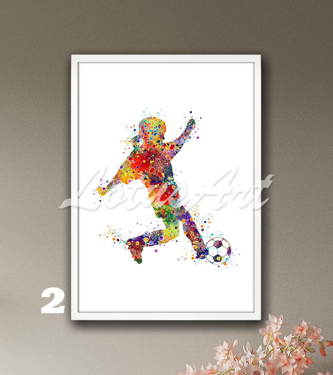 Sports art print depicting a little girl soccer player – multicolor watercolor painting.