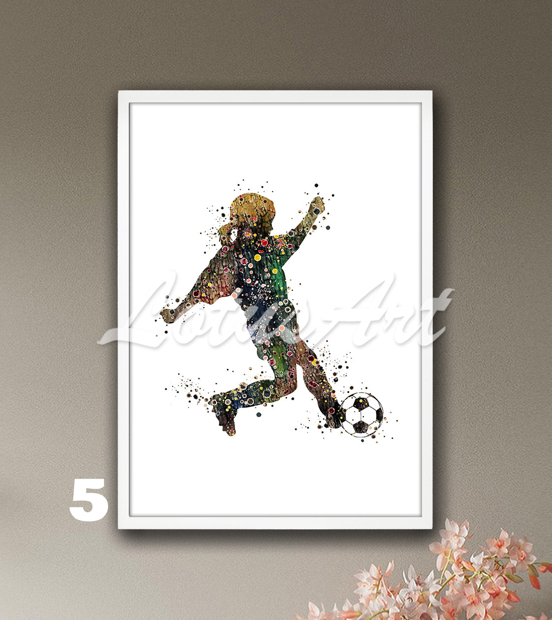 Little soccer girl watercolor sports wall art in brown colors - kids room poster & gift