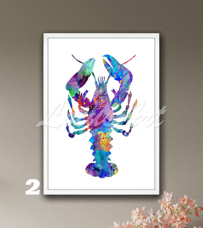 Lobster Watercolor Print, Coastal Kitchen Decor, Nautical Wall Art, Sea Animals Paintings