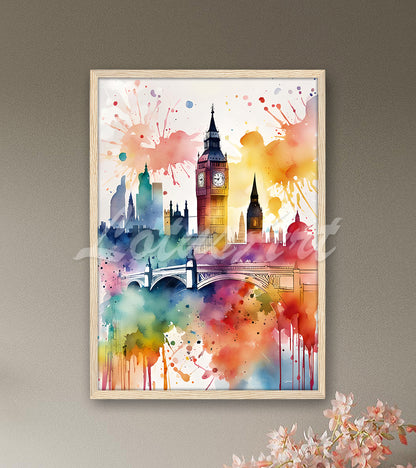 London city skyline watercolor wall art print in natural wood frame, Big Ben UK travel home decor & adventurer gift