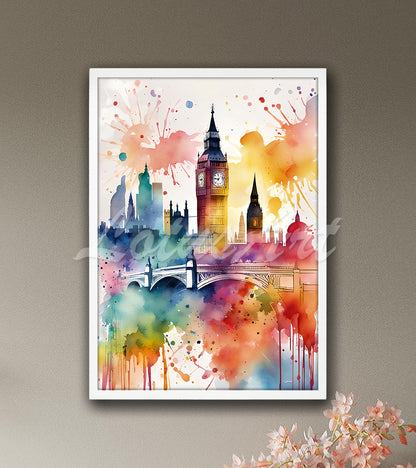 London City Skyline Watercolor Print, UK Travel Wall Art Poster, Big Ben Tower Decor