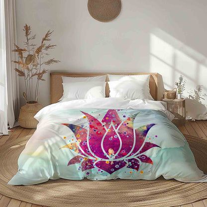 Lotus flower watercolor artwork on duvet cover in pink-purple & aqua tones, zen botanical bedding for spa bedroom decor