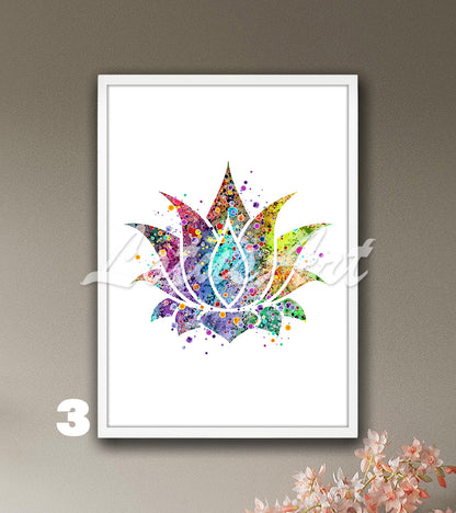 Lotus flower watercolor art print in rainbow multicolor tones, zen yoga wall decor and meditation room gift