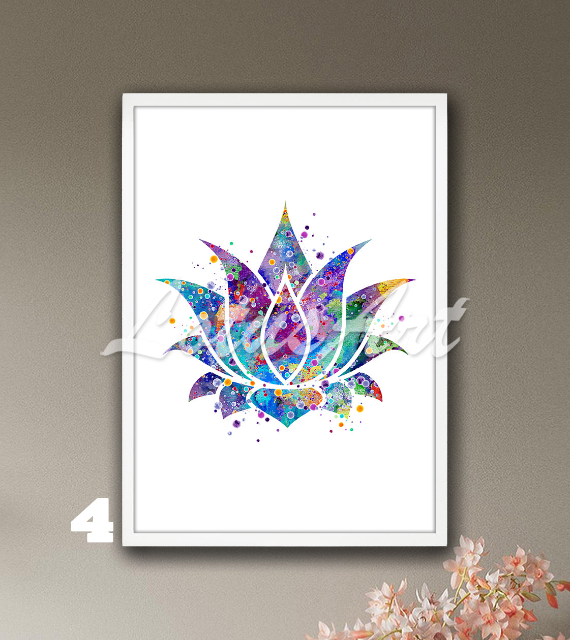 Lotus flower watercolor artwork in blue, purple and multicolor tones, unique zen yoga decor and spiritual teacher gift