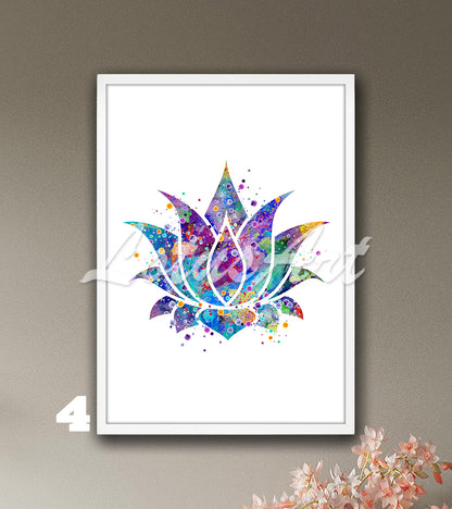 Lotus flower watercolor artwork in blue, purple and multicolor tones, unique zen yoga decor and spiritual teacher gift