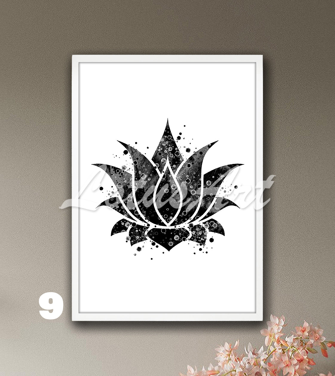 Black-white lotus flower watercolor art print, minimalist zen yoga wall decor and meditation teacher gift