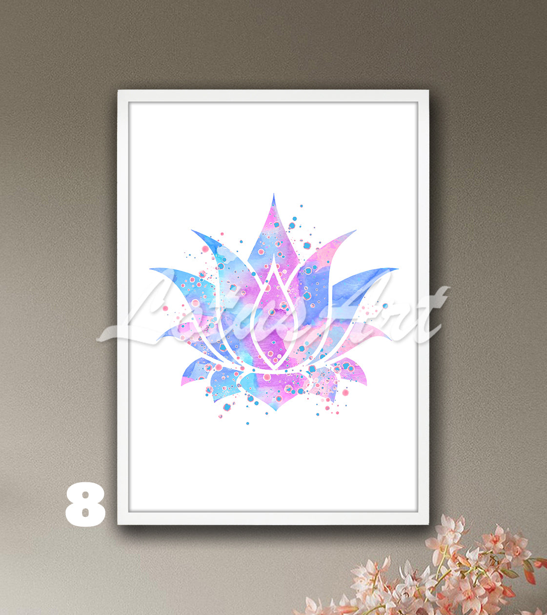 Lotus flower watercolor decor in blue, pink and purple tones, calming zen yoga studio wall decor and spiritual teacher gift